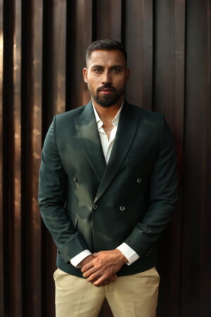 Luxury Dark Green Double-Breasted Blazer with Beige Trouser Set